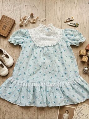 Vintage 70s JCPenney Girls Dress 6X White Floral Prairie Cottagecore Lace Bib